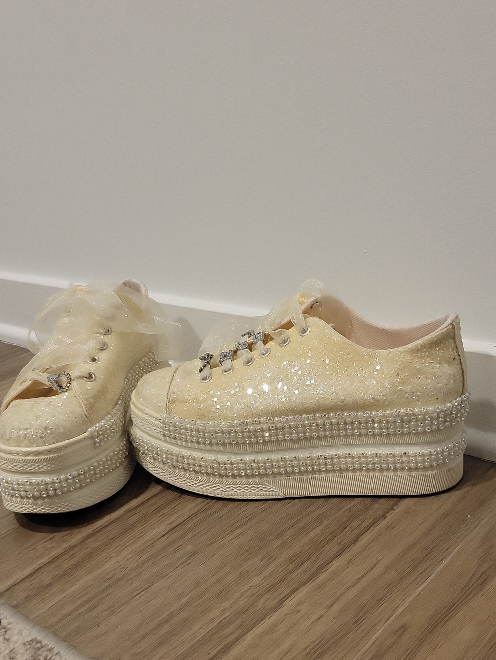 Platform Pearl-Trim Glitter Sneakers - Cream